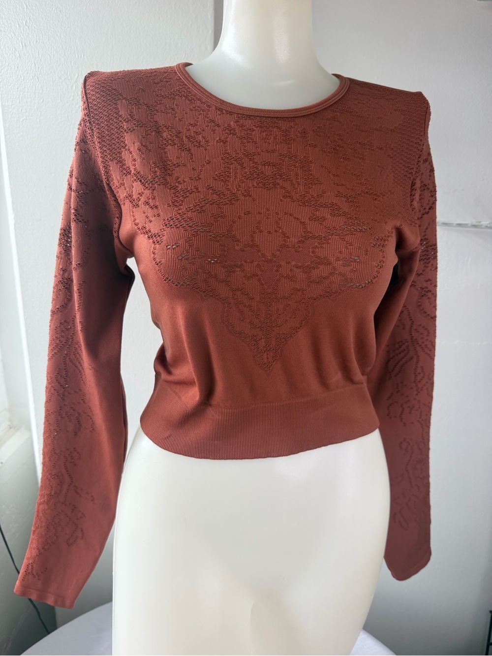 Fabletics Flora Seamless Long Sleeve Crop Top Rust Brown Size L NWT